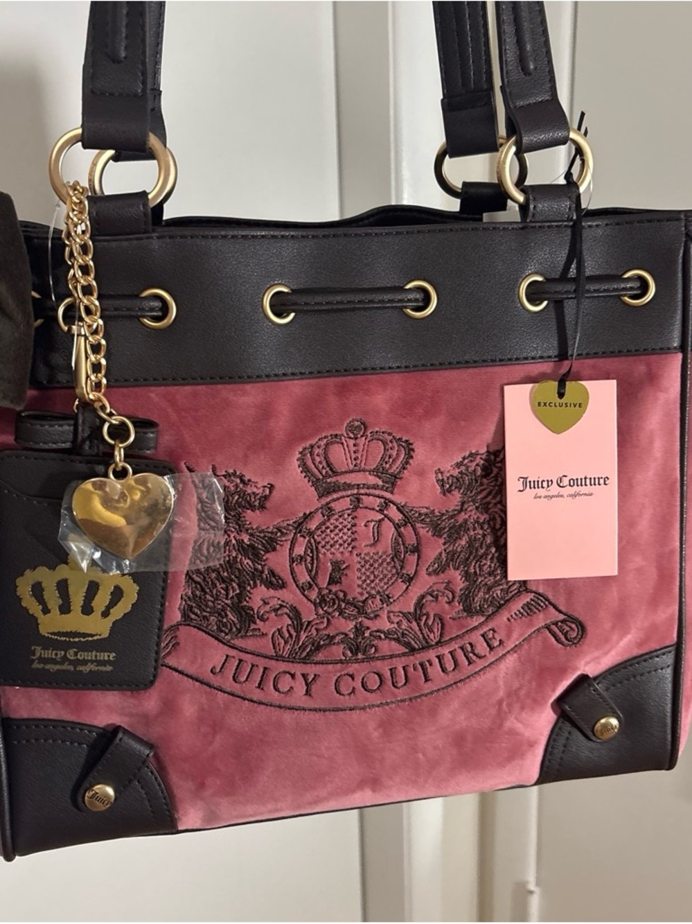 Juicy Couture Pink and Black Crest Tote with Gold Charm